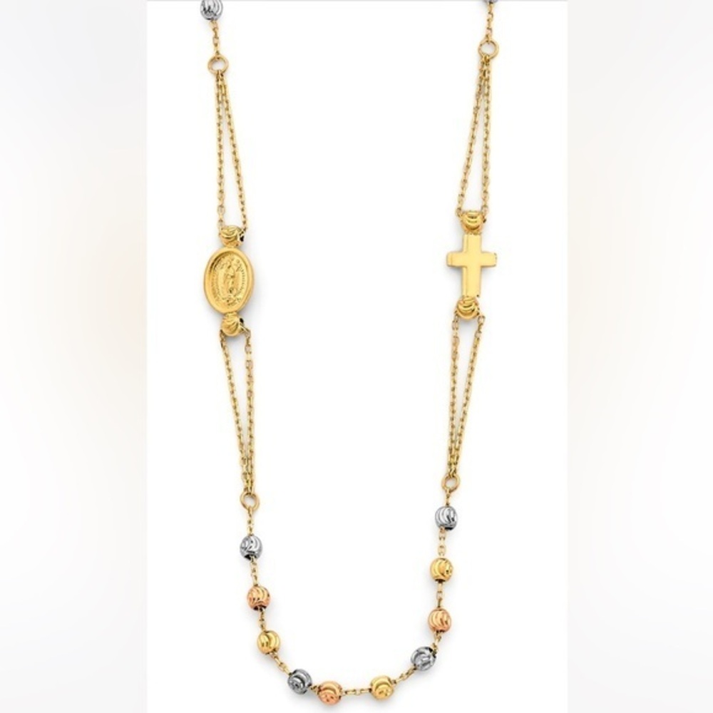 14K Tri color 2.5mm diamond Cut Ball Cross virgin Mary Rosary Necklace​